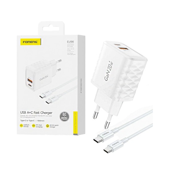 Foneng Charger EU56 2 Ports USB+Type-C QC3.0+PD20W GAN with Type-C to Type-C Cable 1m White Foneng Charger EU56 2 Ports USB+Type-C QC3.0+PD20W GAN with Type-C to Type-C Cable 1m White